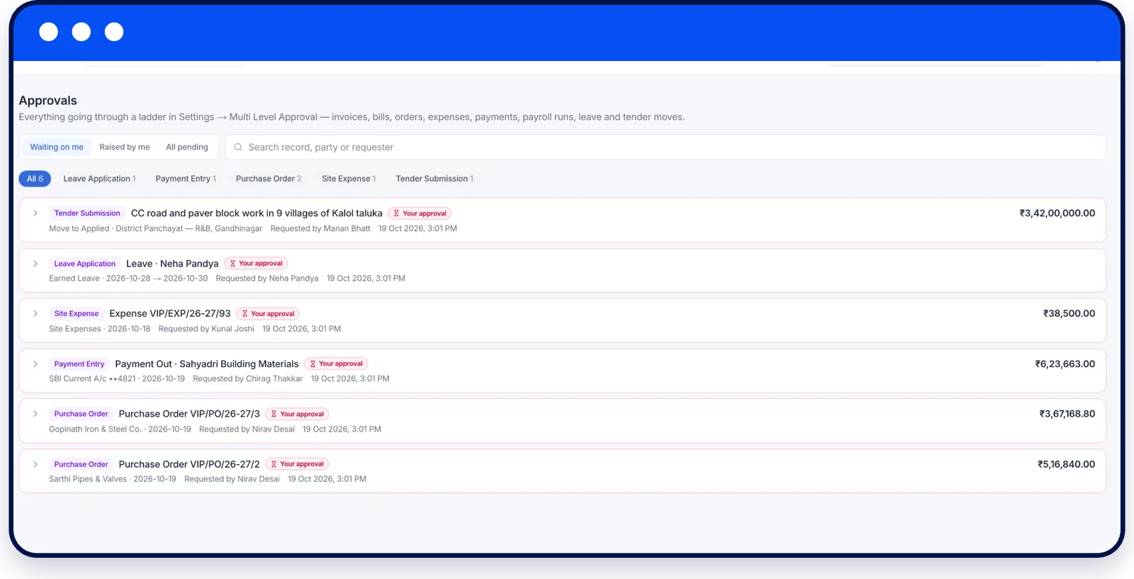 Approvals screen in Codelix ERP