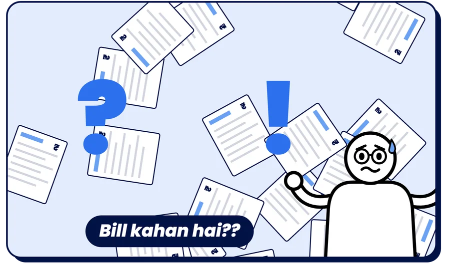 A site manager surrounded by loose bills, asking where the bill is