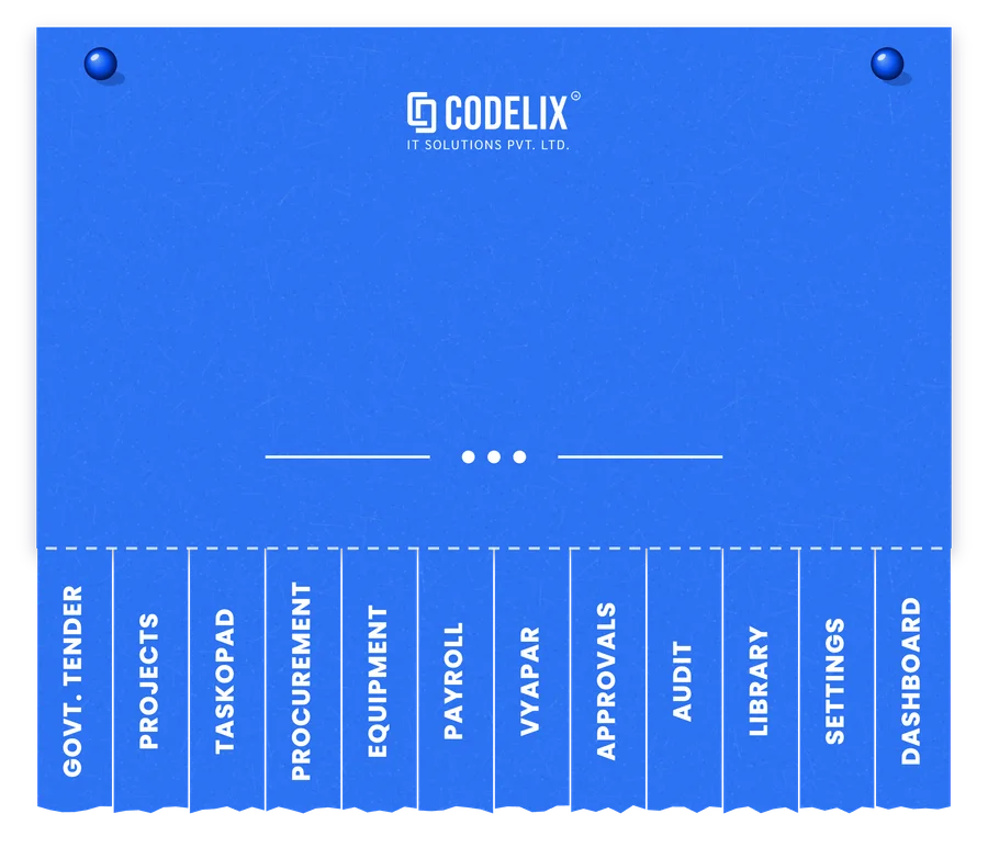 A poster with tear-off strips for the 12 modules: tender, projects, Taskopad, procurement, equipment, payroll, Vyapar, approvals, audit, library, settings and dashboard