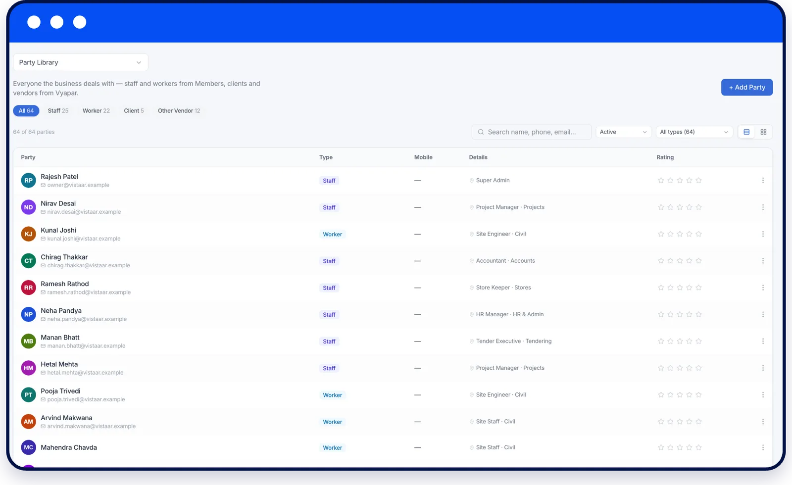 Contact library listing staff, workers, clients and vendors with star ratings