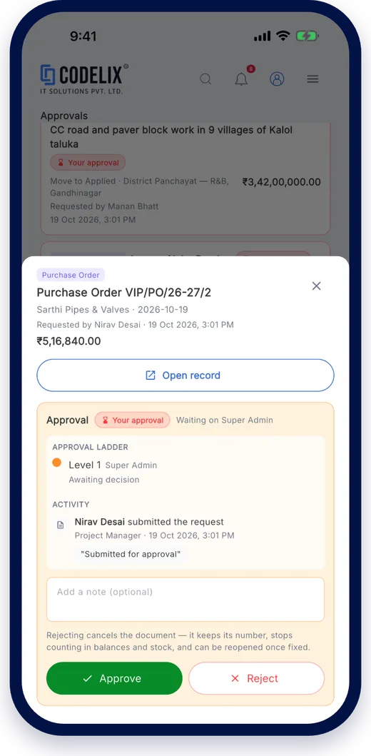 Approve on the go on the Codelix ERP mobile app