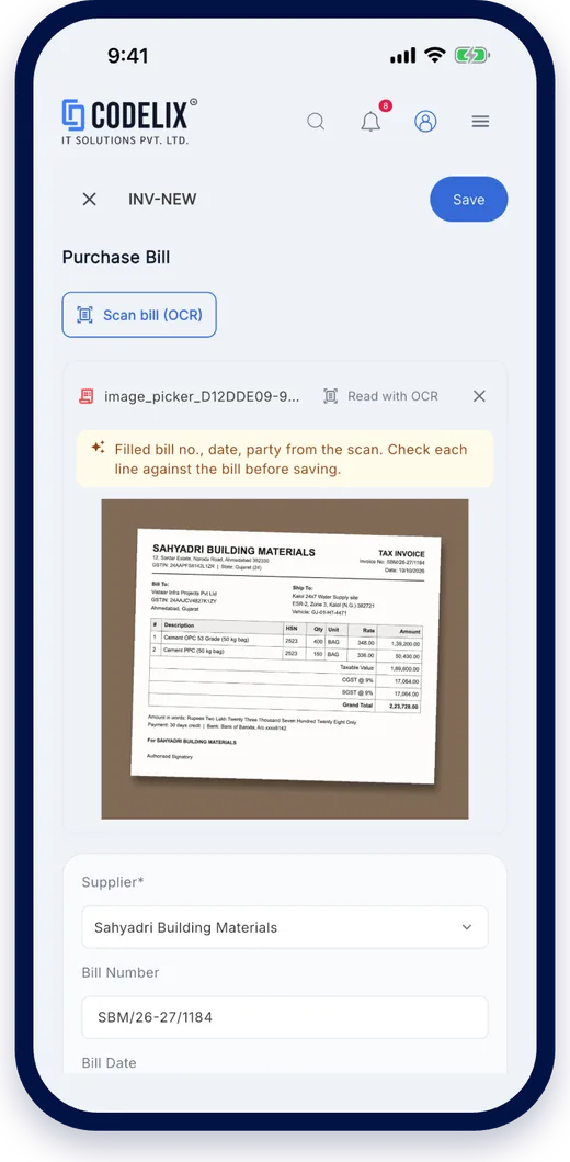Scan a bill on the Codelix ERP mobile app