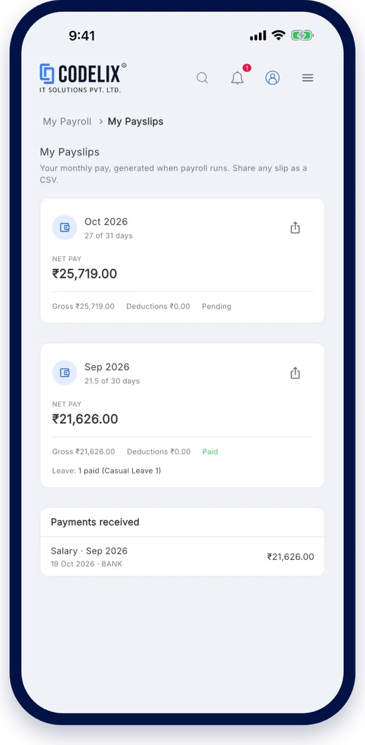 Payslip on phone on the Codelix ERP mobile app