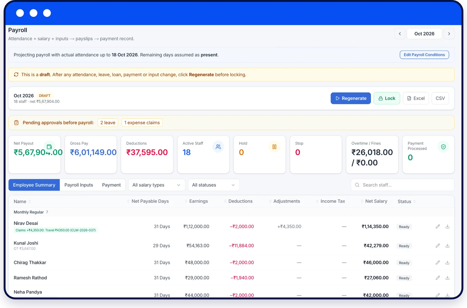 Payroll screen in Codelix ERP