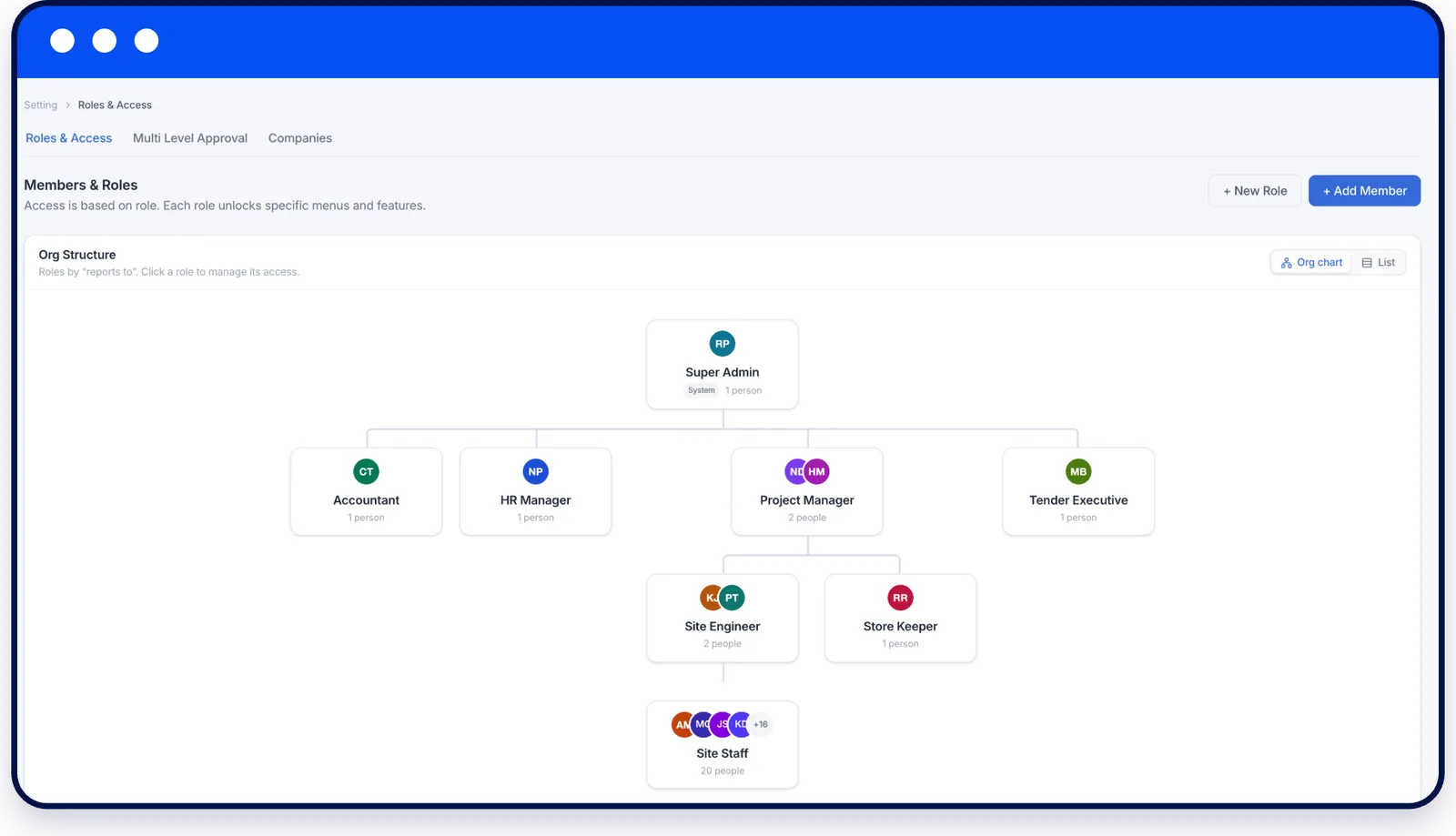 Settings screen with roles and access, approval ladders and the team chart